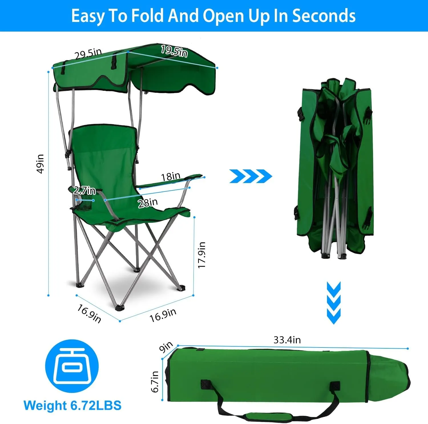 Moclever Folding Canopy Camp Chair – Heavy Duty Beach Chair with Sun Protection, Cup Holder & Padded Armrests for Outdoor Camping, Lawn, Park, Patio (Green)