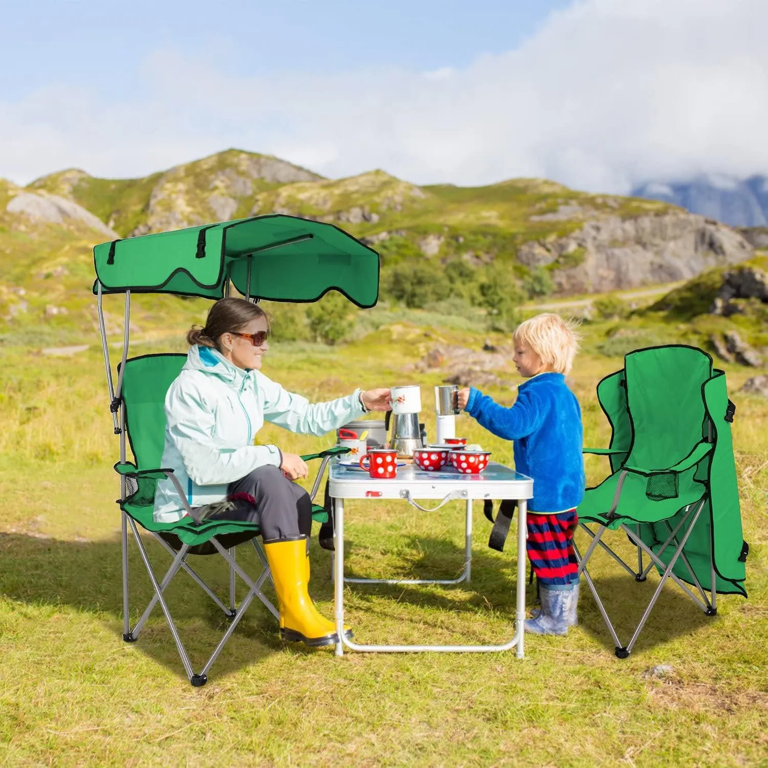 Moclever Folding Canopy Camp Chair – Heavy Duty Beach Chair with Sun Protection, Cup Holder & Padded Armrests for Outdoor Camping, Lawn, Park, Patio (Green)