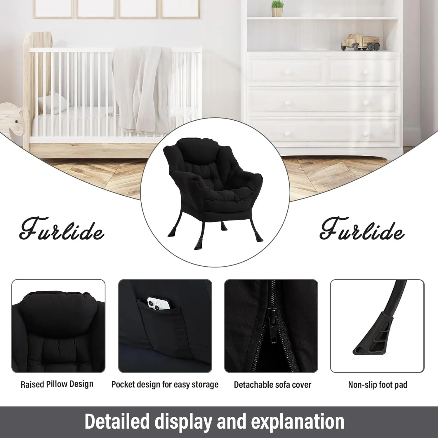 Modern Lazy Chair with Folding Footrest, Lounge Accent & Comfortable Reading Chair (Black)