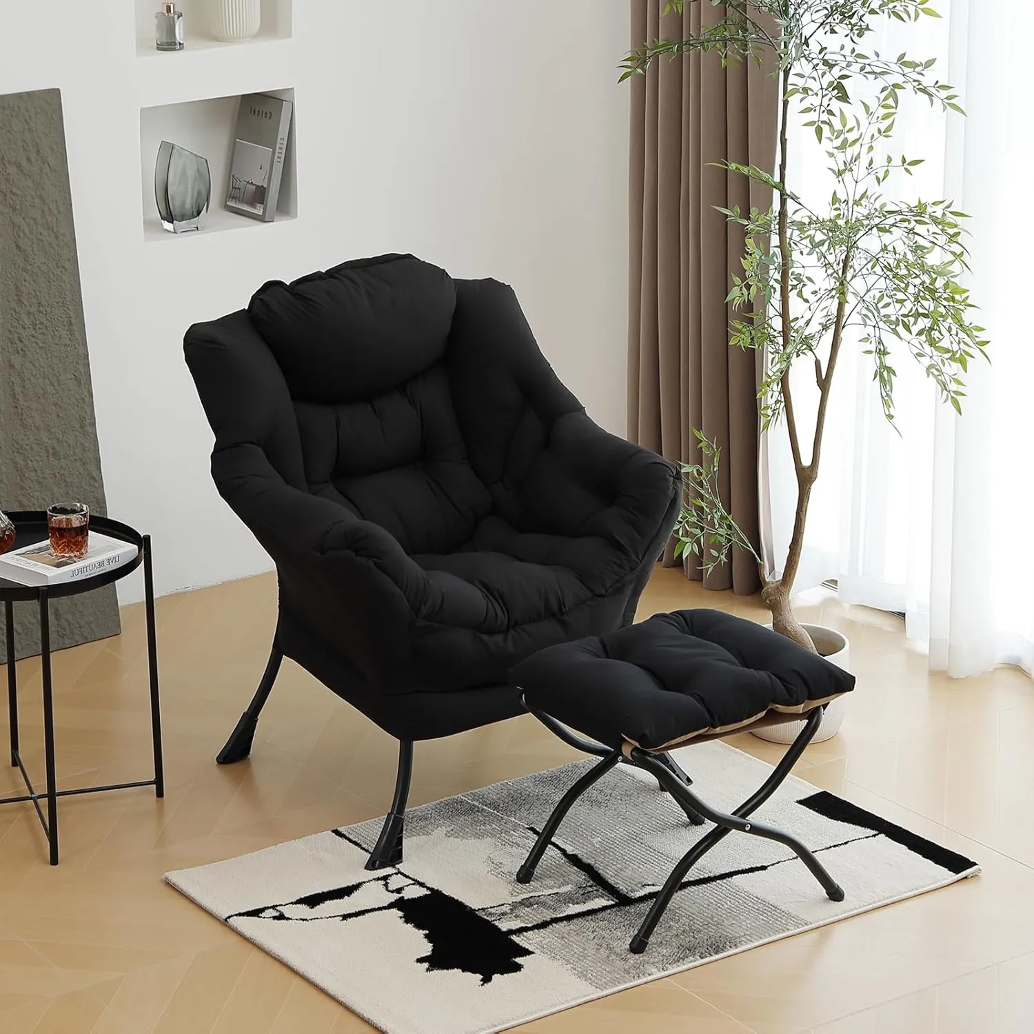 Modern Lazy Chair with Folding Footrest, Lounge Accent & Comfortable Reading Chair (Black)