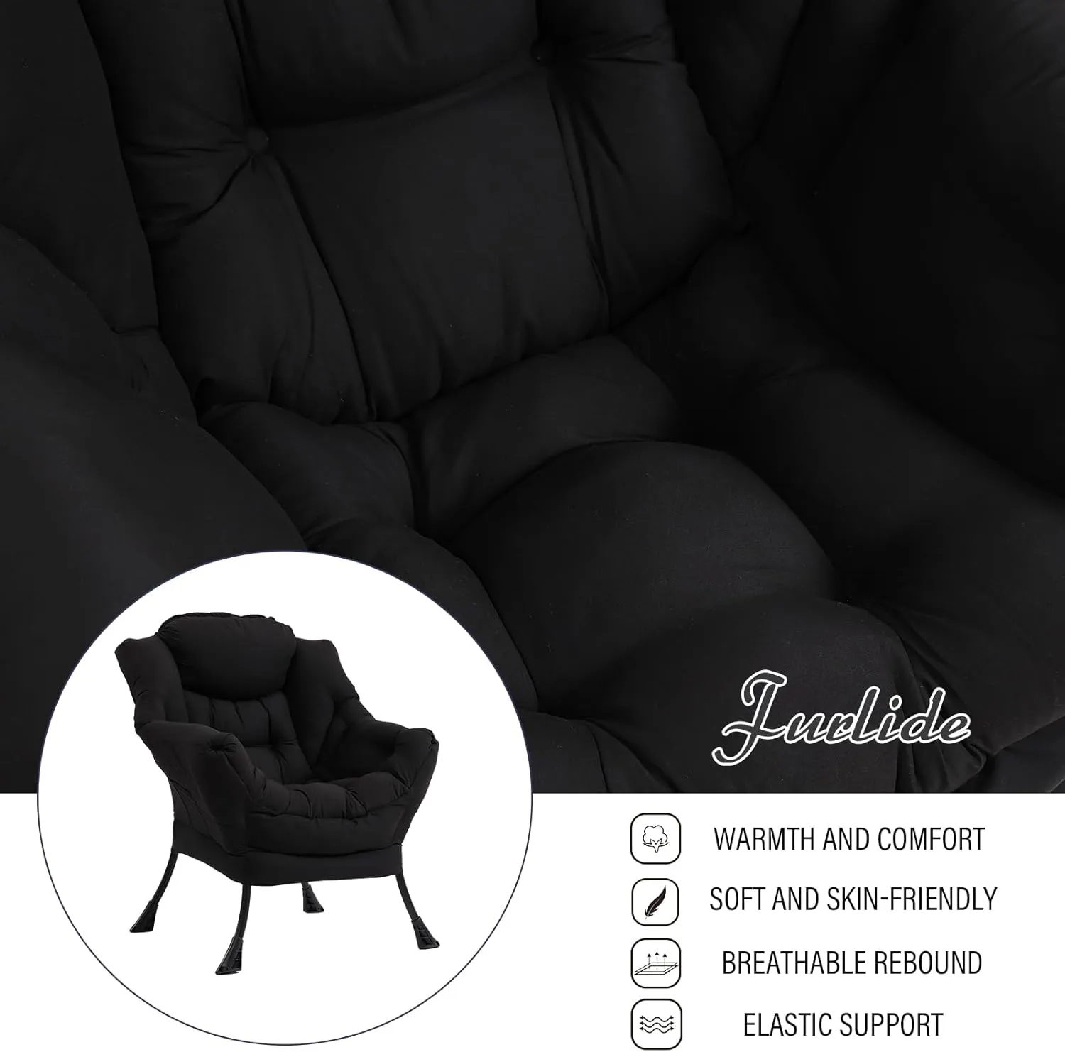 Modern Lazy Chair with Folding Footrest, Lounge Accent & Comfortable Reading Chair (Black)
