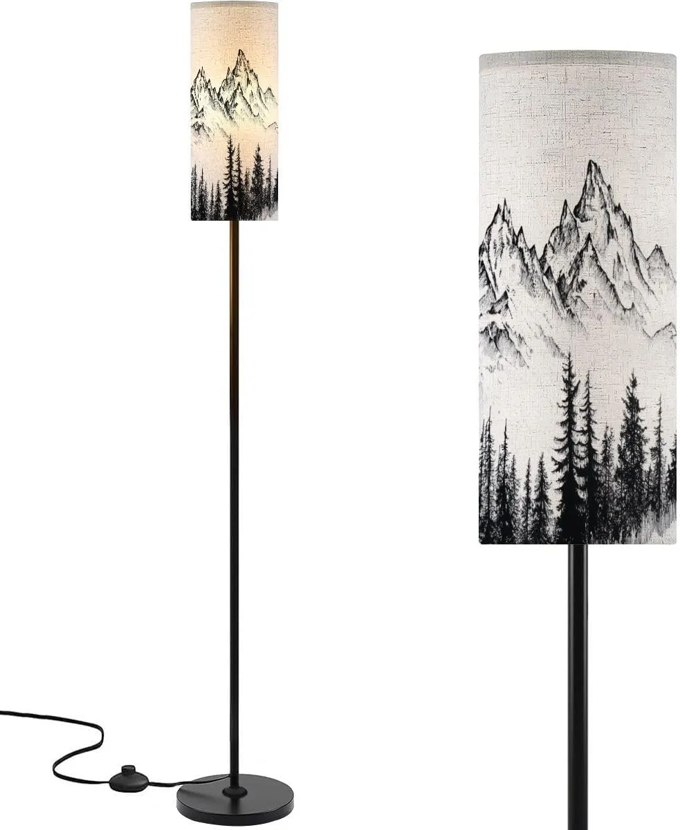 Modern Standing Lamps Mountain Ski Lift Sketch Pine Trees Peaks Forest Alpine Scenery Pen Minimalist Floor Lamp Metal Pole Lamp with Linen Lampshade for Bedroom Living Room Office Reading