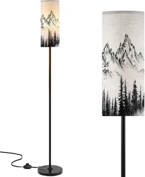Modern Standing Lamps Mountain Ski Lift Sketch Pine Trees Peaks Forest Alpine Scenery Pen Minimalist Floor Lamp Metal Pole Lamp with Linen Lampshade for Bedroom Living Room Office Reading