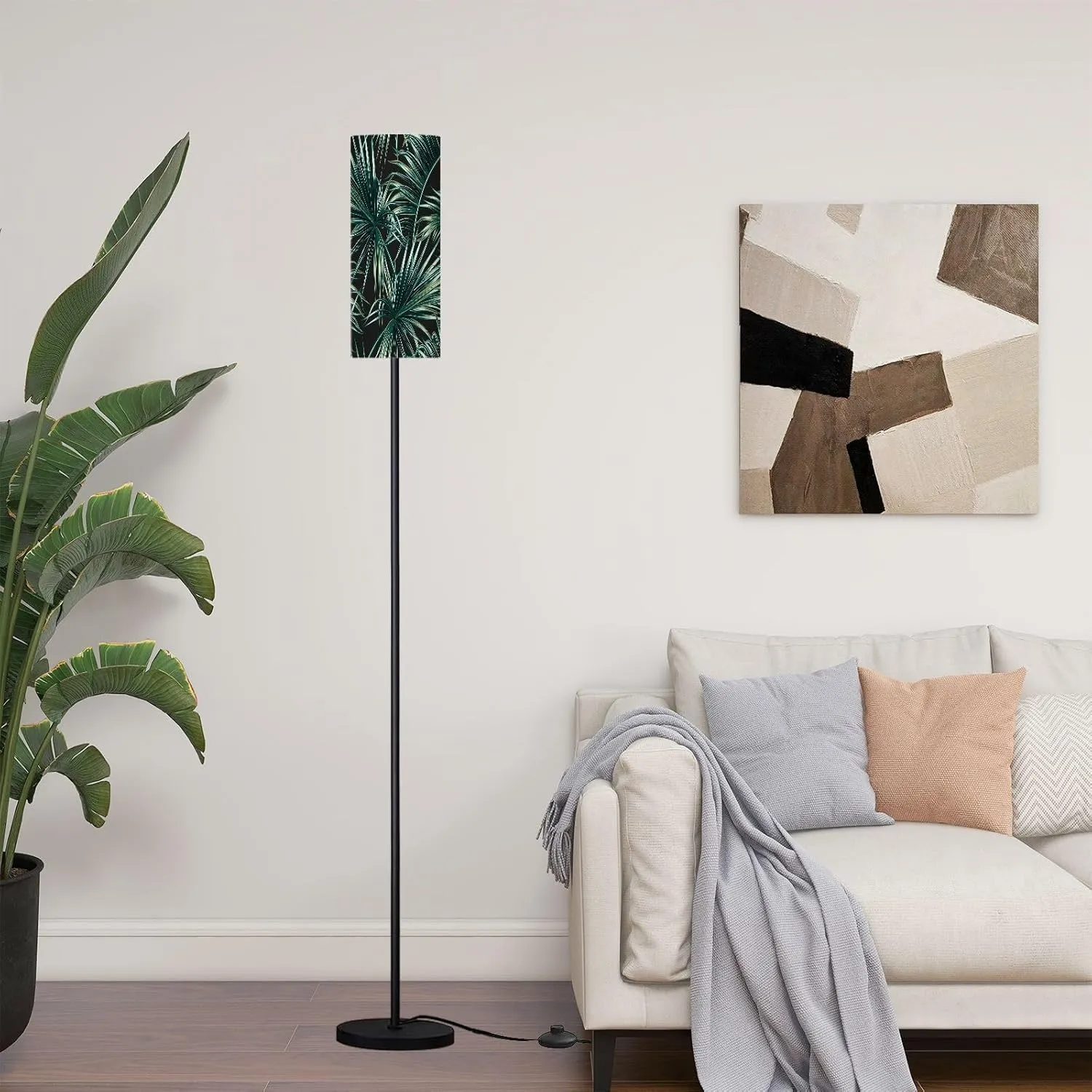 Modern Standing Lamps Tropical Palm Leaves Seamless Floral Pattern Floor Lamp Metal Pole Lamp with Linen Lampshade for Bedroom Living Room Office Nursery Reading Foot Switch