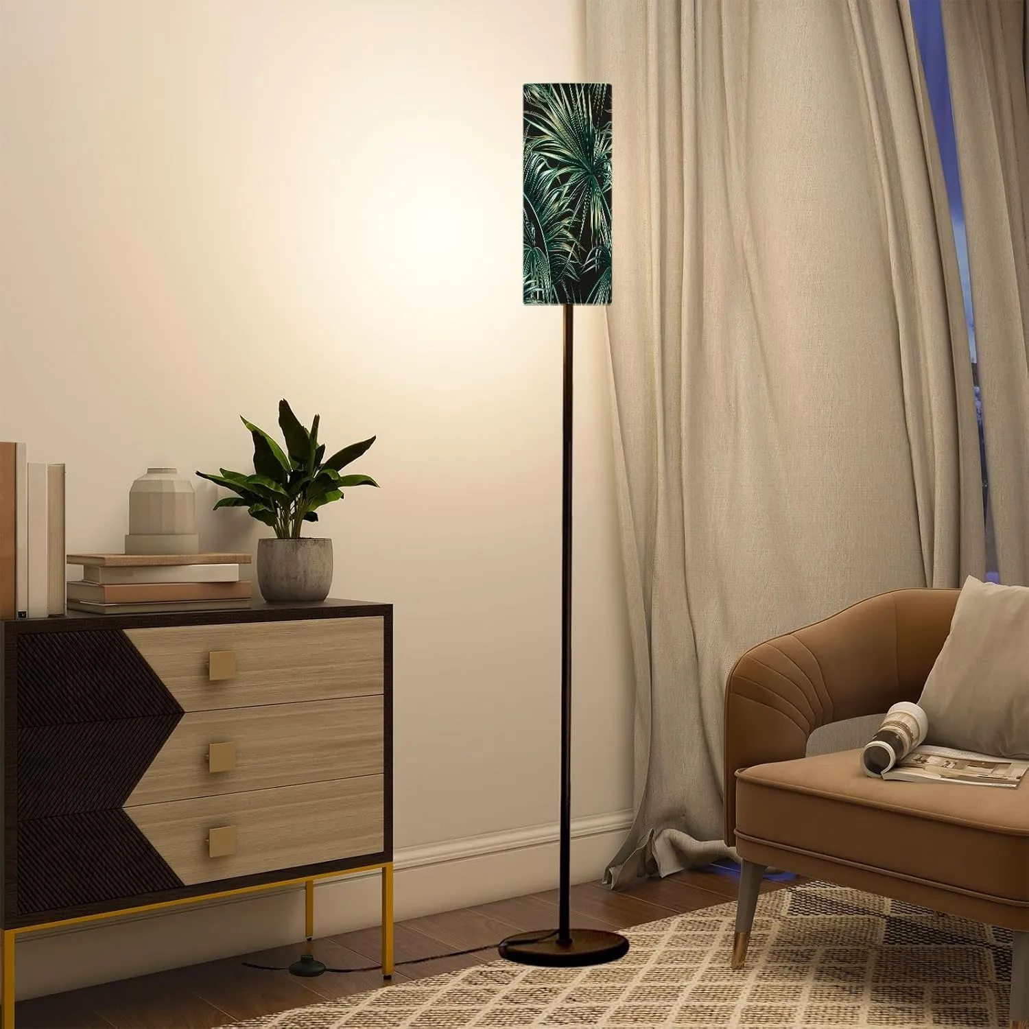Modern Standing Lamps Tropical Palm Leaves Seamless Floral Pattern Floor Lamp Metal Pole Lamp with Linen Lampshade for Bedroom Living Room Office Nursery Reading Foot Switch