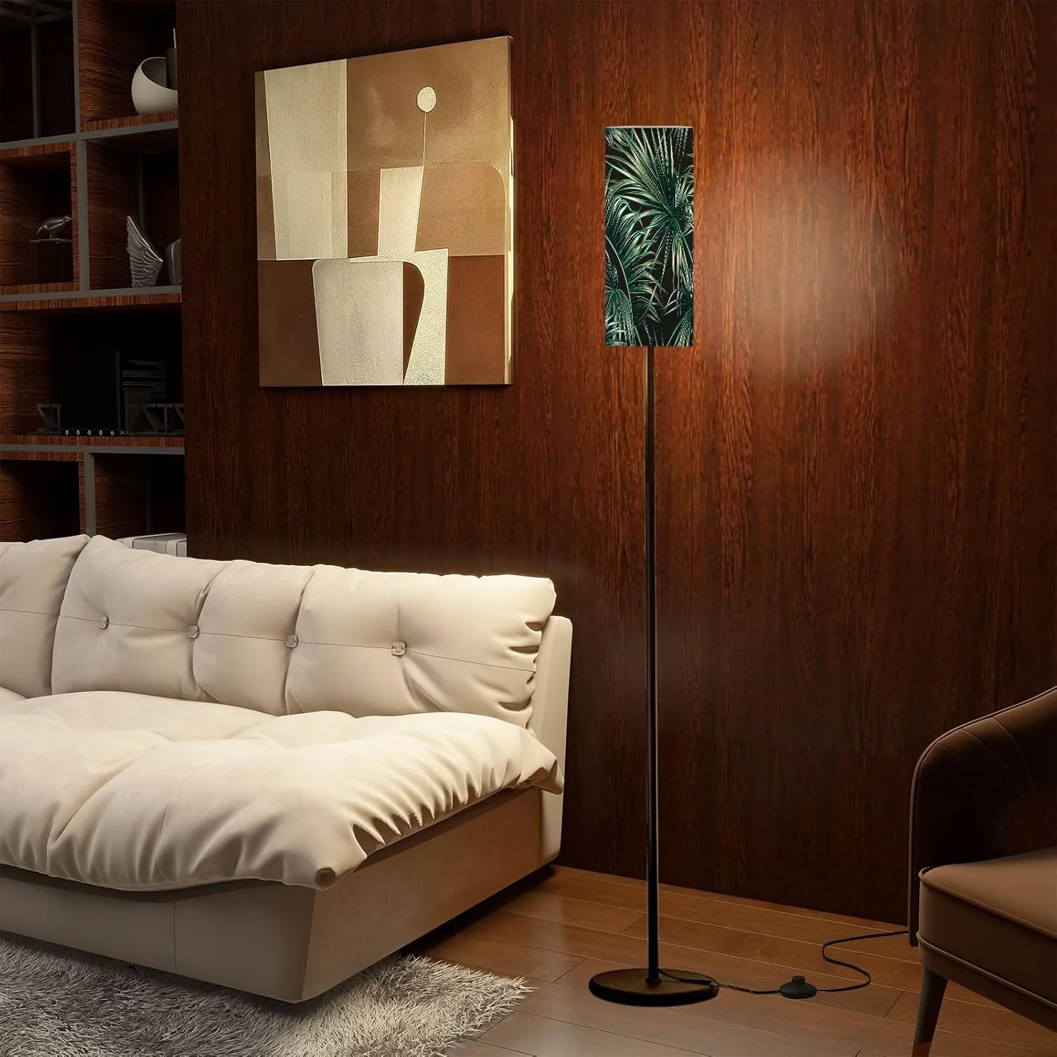 Modern Standing Lamps Tropical Palm Leaves Seamless Floral Pattern Floor Lamp Metal Pole Lamp with Linen Lampshade for Bedroom Living Room Office Nursery Reading Foot Switch