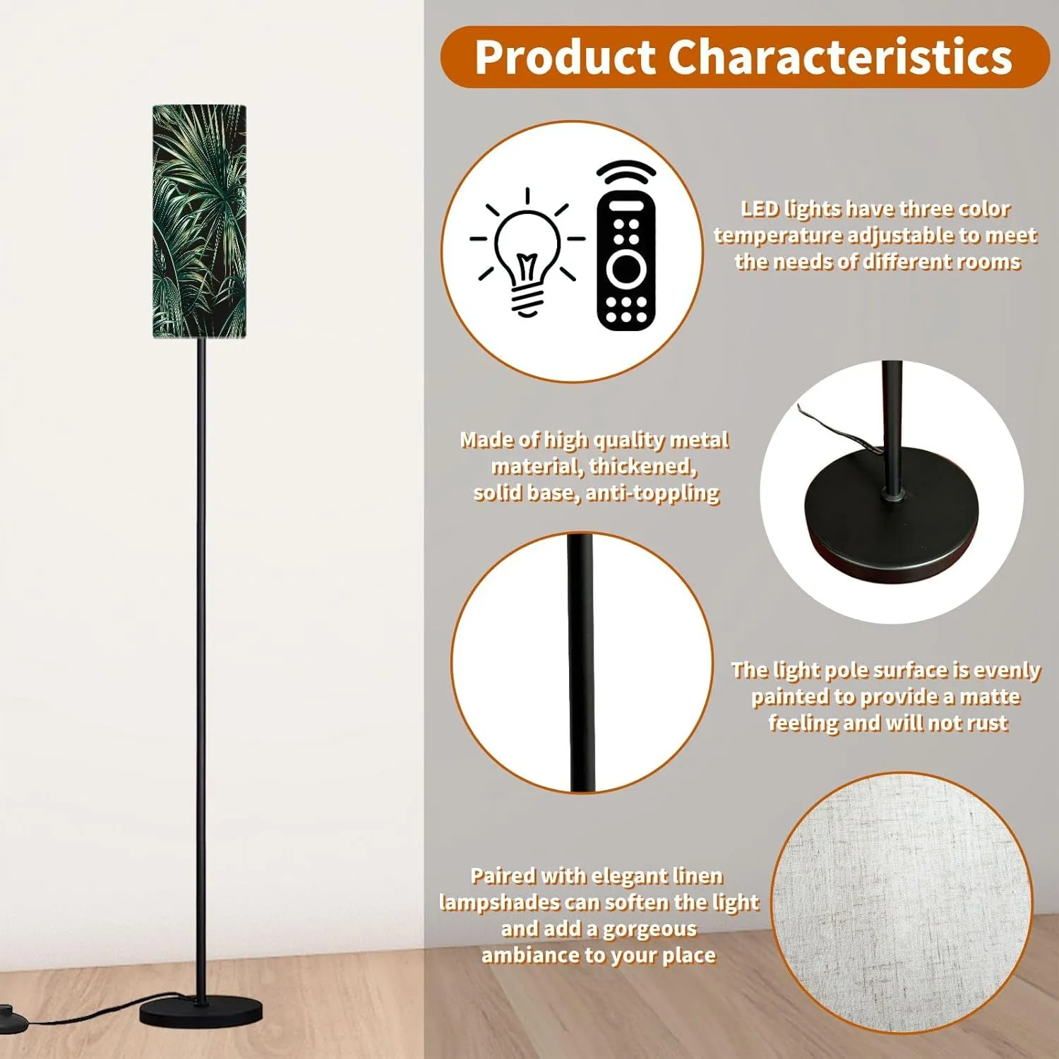 Modern Standing Lamps Tropical Palm Leaves Seamless Floral Pattern Floor Lamp Metal Pole Lamp with Linen Lampshade for Bedroom Living Room Office Nursery Reading Foot Switch