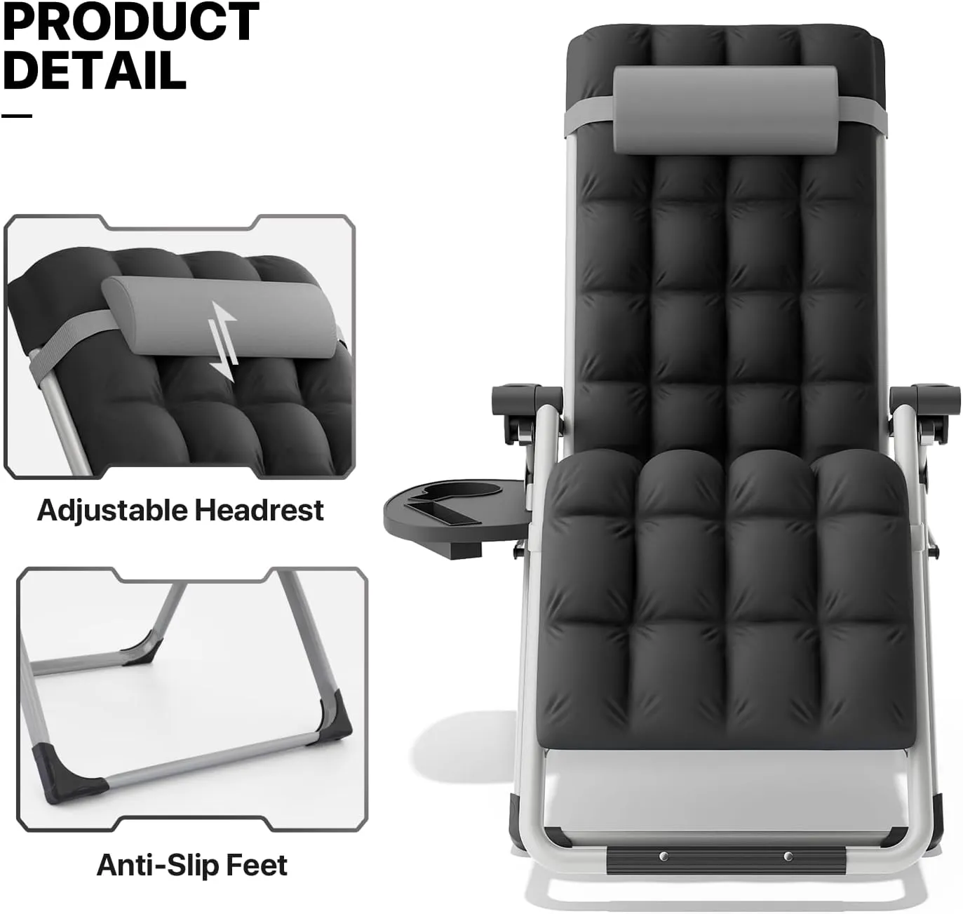 MoNiBloom Beach Chaise Lounge Chair, Patio Folding Recliner with Removable Cushion, Headrest & Tray, Portable Tanning Sunbathing Chair for Poolside Beach Porch Yard, Reinforced Bar, 330lbs Grey