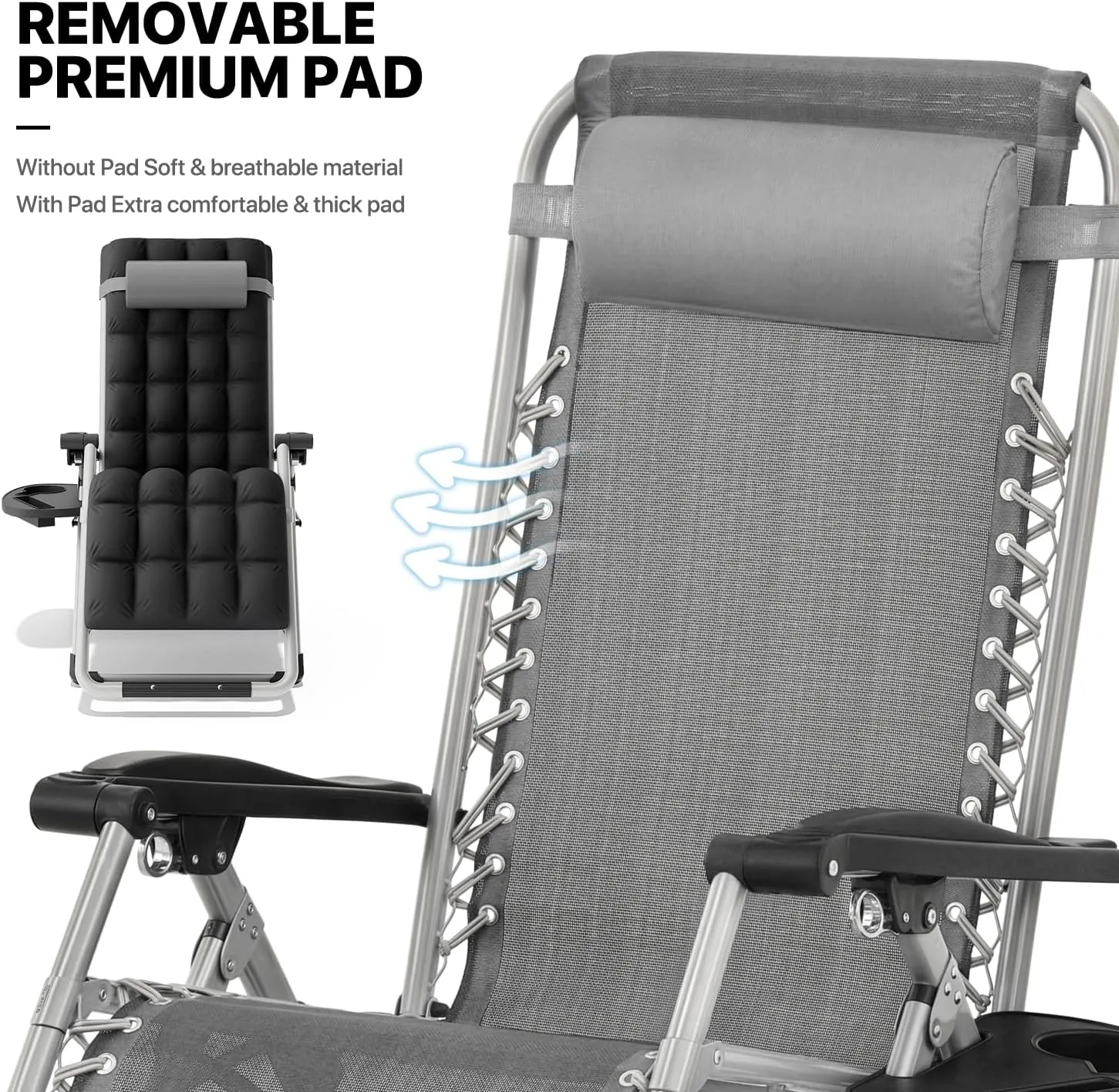 MoNiBloom Beach Chaise Lounge Chair, Patio Folding Recliner with Removable Cushion, Headrest & Tray, Portable Tanning Sunbathing Chair for Poolside Beach Porch Yard, Reinforced Bar, 330lbs Grey
