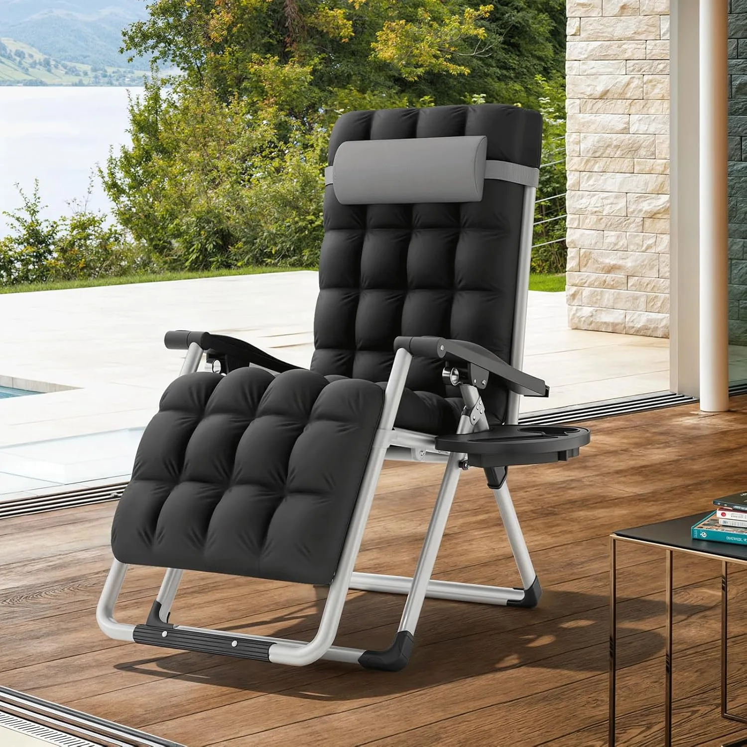 MoNiBloom Beach Chaise Lounge Chair, Patio Folding Recliner with Removable Cushion, Headrest & Tray, Portable Tanning Sunbathing Chair for Poolside Beach Porch Yard, Reinforced Bar, 330lbs Grey