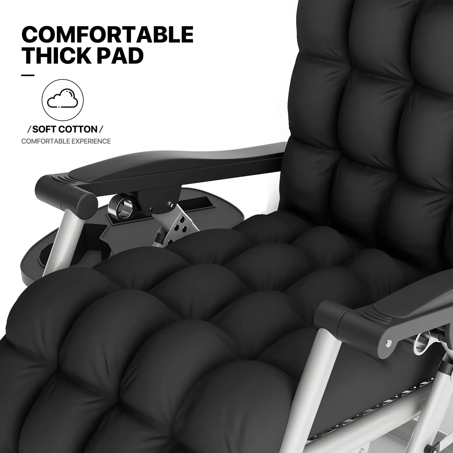 MoNiBloom Beach Chaise Lounge Chair, Patio Folding Recliner with Removable Cushion, Headrest & Tray, Portable Tanning Sunbathing Chair for Poolside Beach Porch Yard, Reinforced Bar, 330lbs Grey