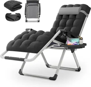 MoNiBloom Beach Chaise Lounge Chair, Patio Folding Recliner with Removable Cushion, Headrest & Tray, Portable Tanning Sunbathing Chair for Poolside Beach Porch Yard, Reinforced Bar, 330lbs Grey