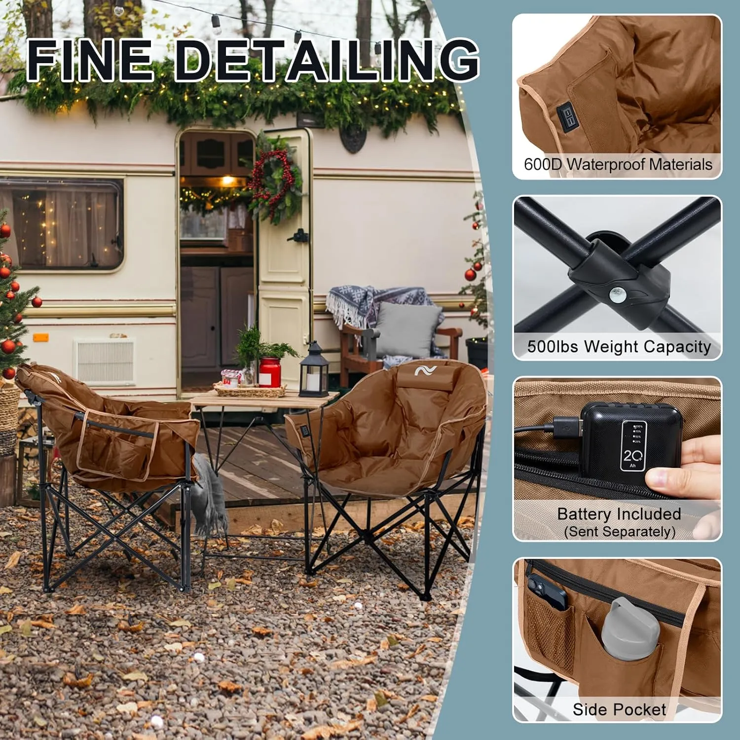 MOPHOTO Heated Camping Chair, Portable Heated Camping Chairs Outdoor, Padded Oversized Heated Folding Chairs Outdoor Sports, Heating Lawn Chair Patio Lounge Chairs for Adults