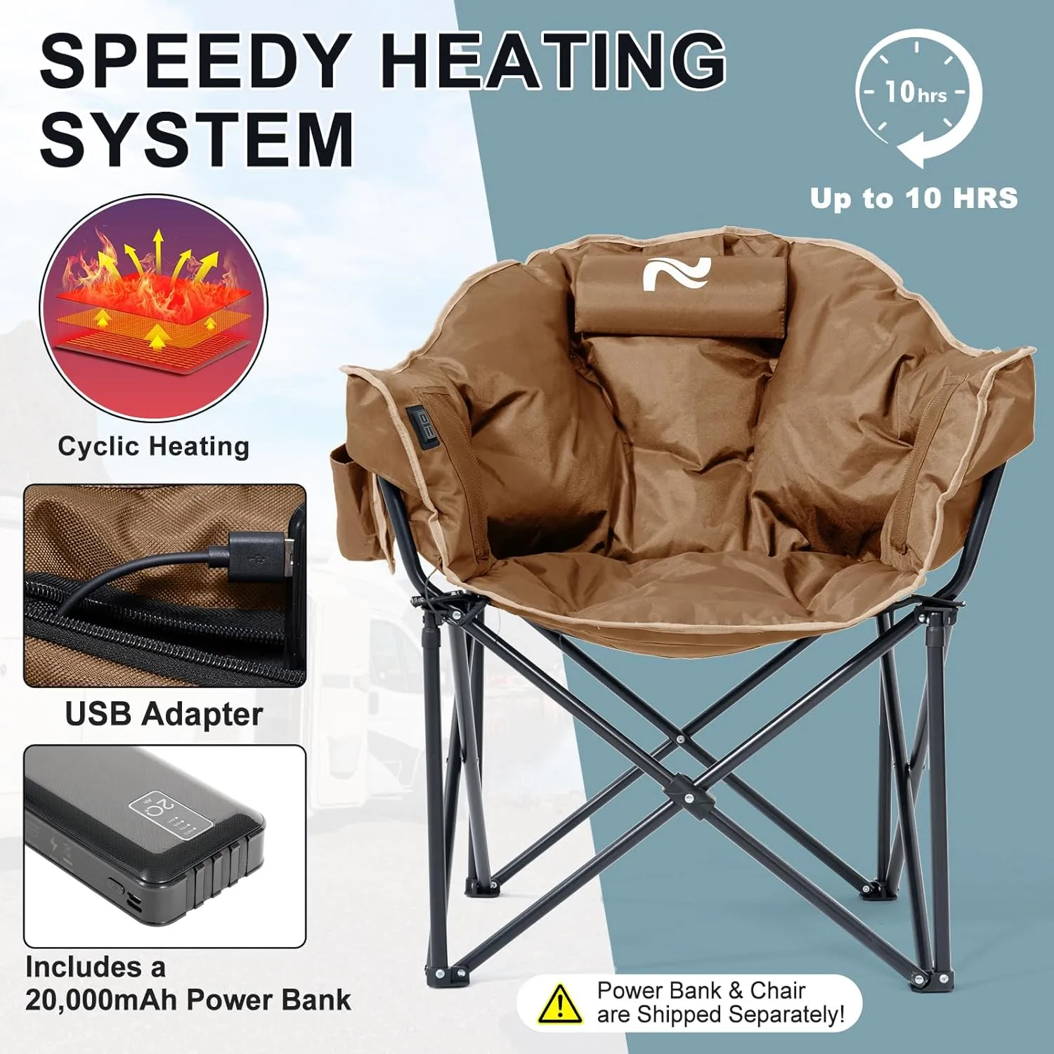 MOPHOTO Heated Camping Chair, Portable Heated Camping Chairs Outdoor, Padded Oversized Heated Folding Chairs Outdoor Sports, Heating Lawn Chair Patio Lounge Chairs for Adults