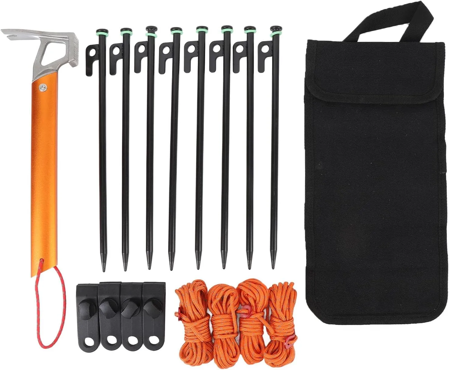 Multiuse Tent Camping Stakes 30cm with 4mm Outdoor Guy Lines Tent Cords Lightweight Camping Rope Pegs Bag Canopy Clips Hammer for Hiking Backpacking (Black Orange)