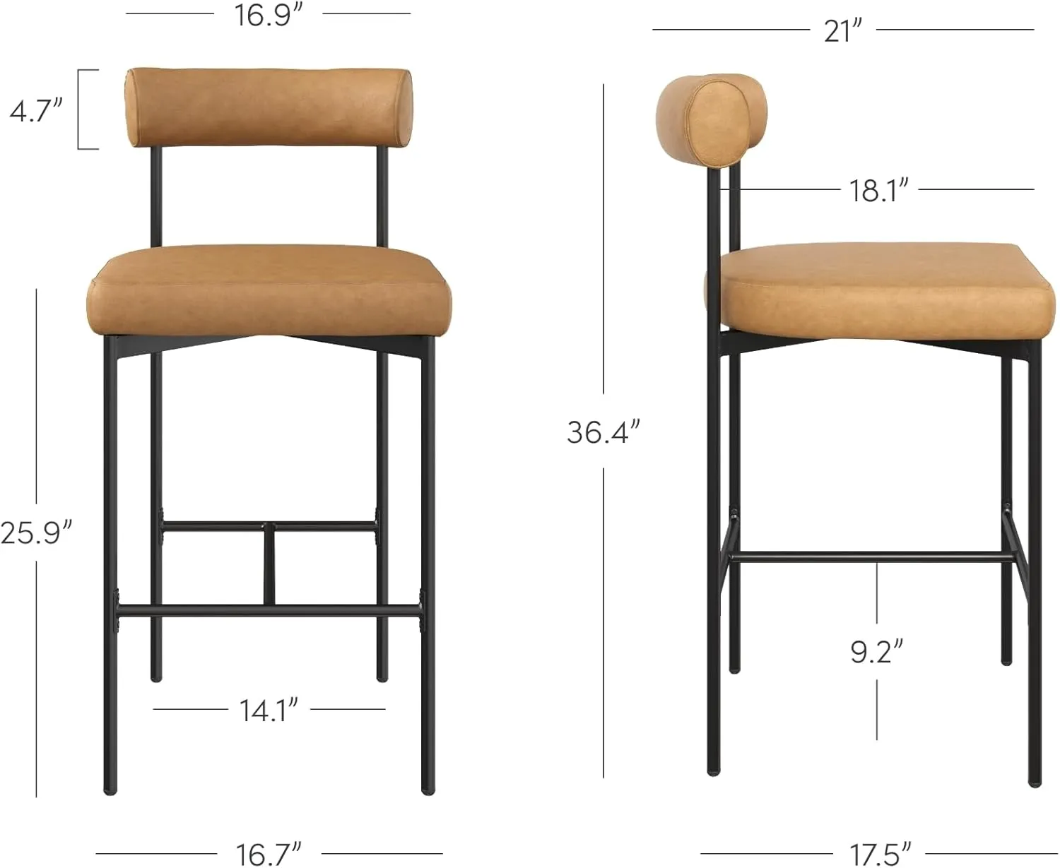 Nathan James Dahlia Counter Height Chair, Modern Barstool with Back, Mid-Century Metal Legs and Leather Padded Cushion for Kitchen, Island and Bars, Brown/Black