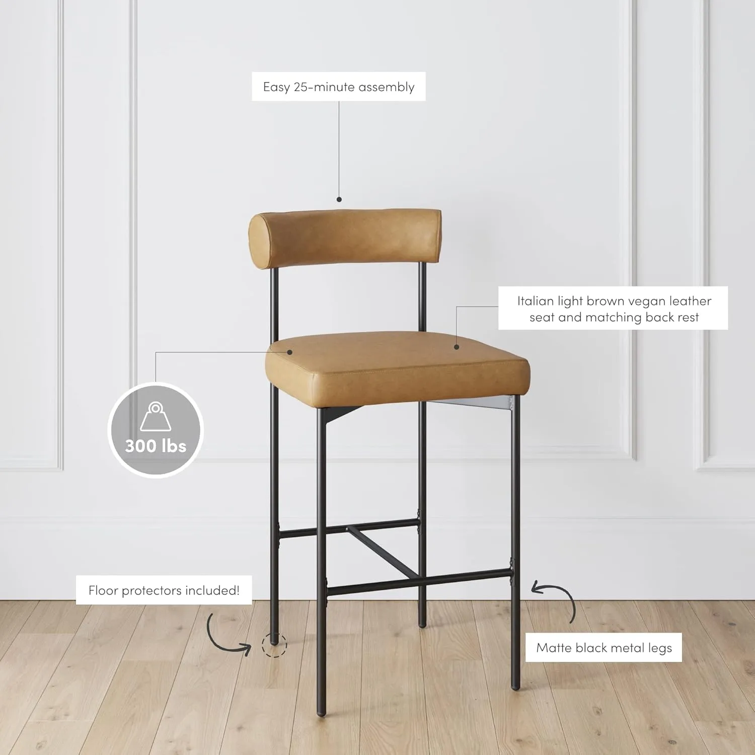 Nathan James Dahlia Counter Height Chair, Modern Barstool with Back, Mid-Century Metal Legs and Leather Padded Cushion for Kitchen, Island and Bars, Brown/Black