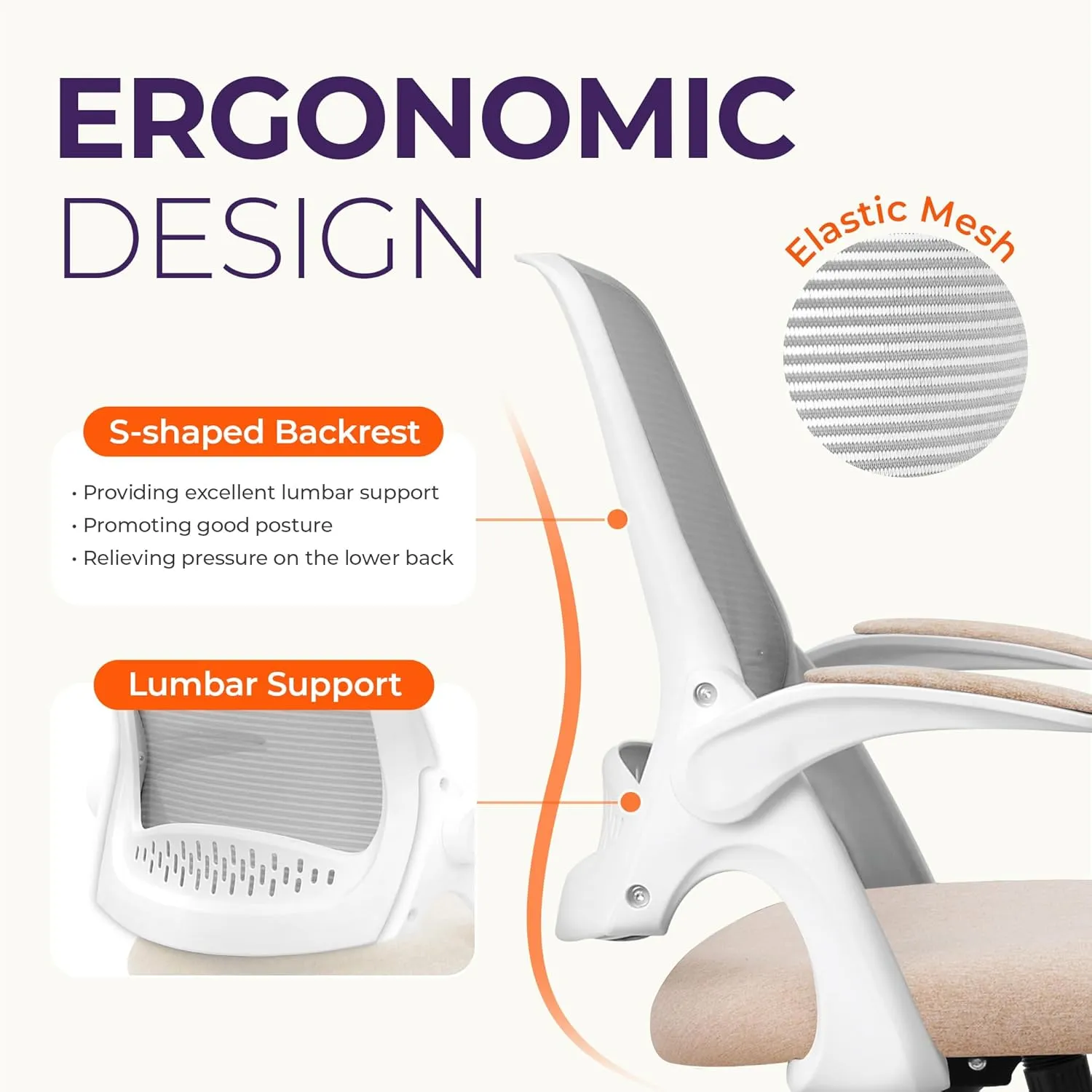 NEO CHAIR Office Desk Computer Gaming Ergonomic Chair with Lumbar Back Support Adjustable Height Swivel Wheels Flip-up Arms Mesh Chair for Home or Office (Beige)