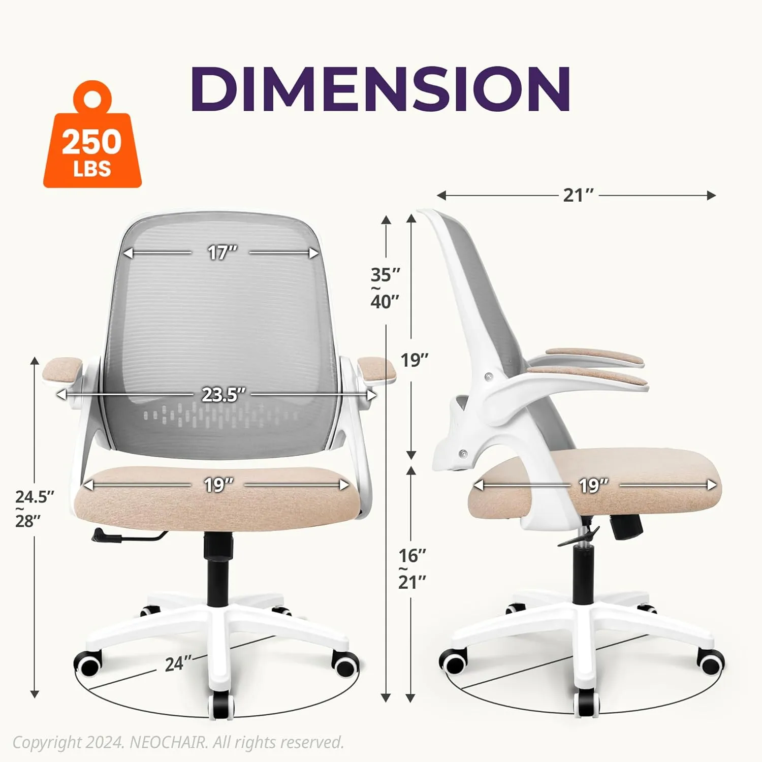 NEO CHAIR Office Desk Computer Gaming Ergonomic Chair with Lumbar Back Support Adjustable Height Swivel Wheels Flip-up Arms Mesh Chair for Home or Office (Beige)