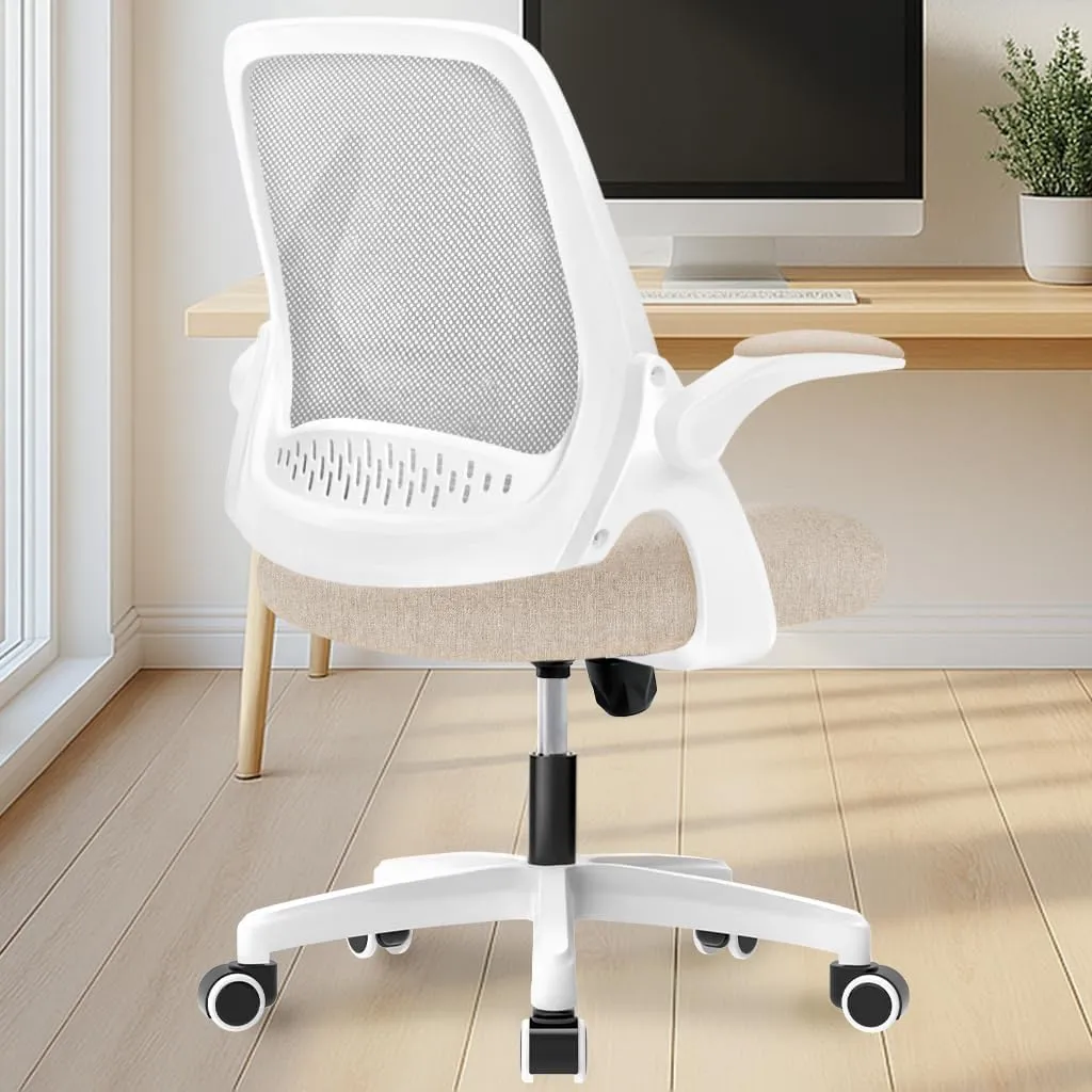 NEO CHAIR Office Desk Computer Gaming Ergonomic Chair with Lumbar Back Support Adjustable Height Swivel Wheels Flip-up Arms Mesh Chair for Home or Office (Beige)