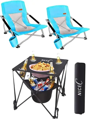 Nice C 2 Pack Blue Beach Chair   1 Pack Folding Table with Cooler