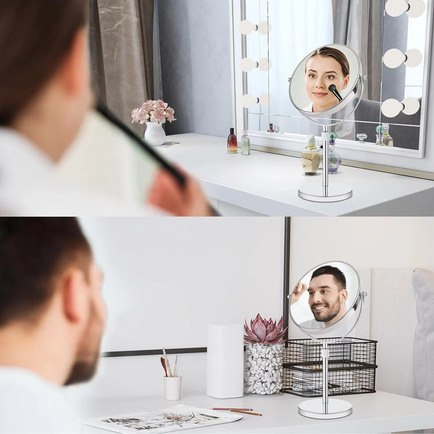 Nicesail 19 Inch Tall Makeup Mirror with 10X Magnification, Make up Mirror 8 Inch Double-Sided, Table Mirror with Pedestal for Shaving, Standing Mirror Height Adjustable Chrome Finish (8 Inch, 10X)