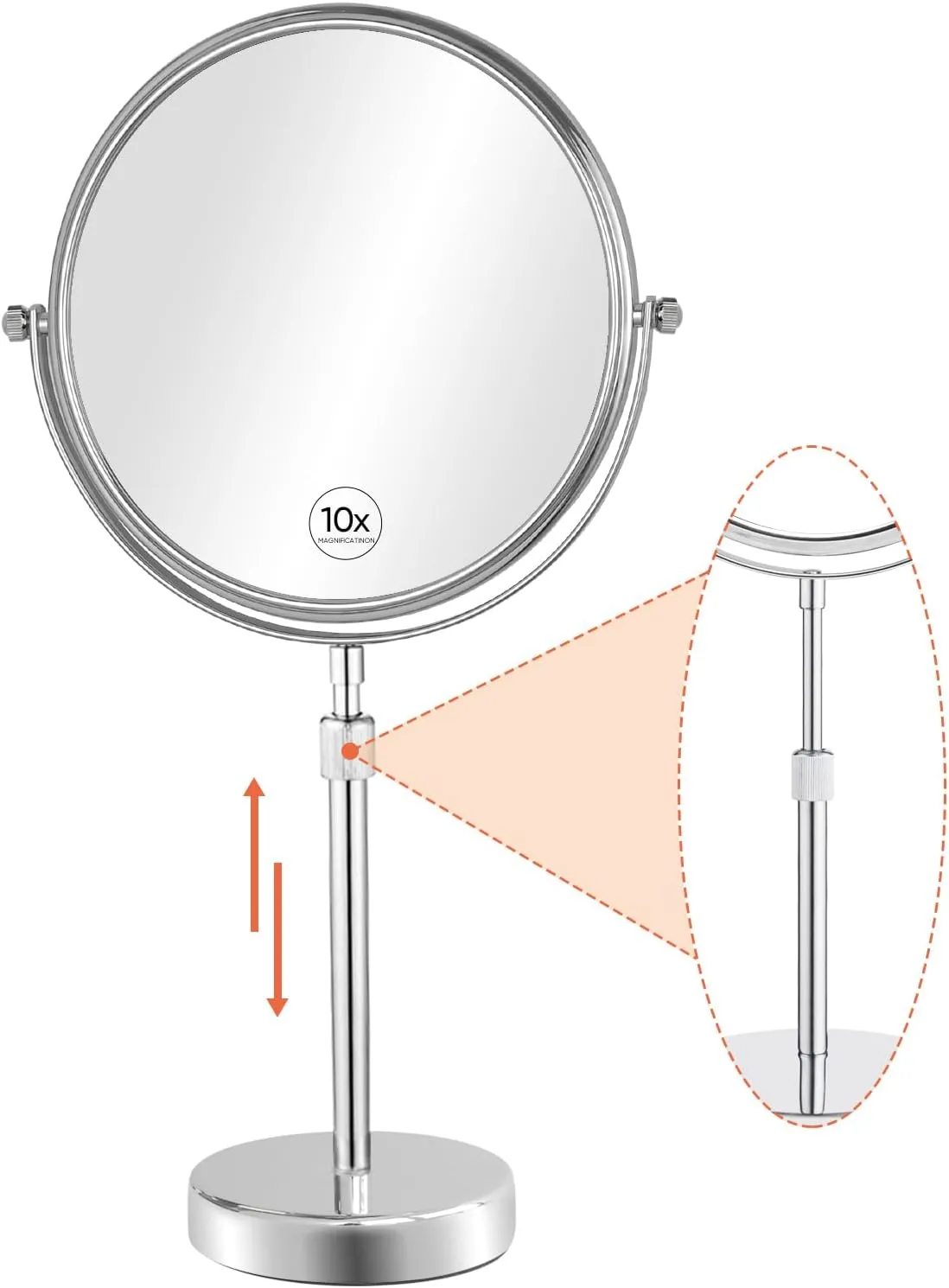 Nicesail 19 Inch Tall Makeup Mirror with 10X Magnification, Make up Mirror 8 Inch Double-Sided, Table Mirror with Pedestal for Shaving, Standing Mirror Height Adjustable Chrome Finish (8 Inch, 10X)