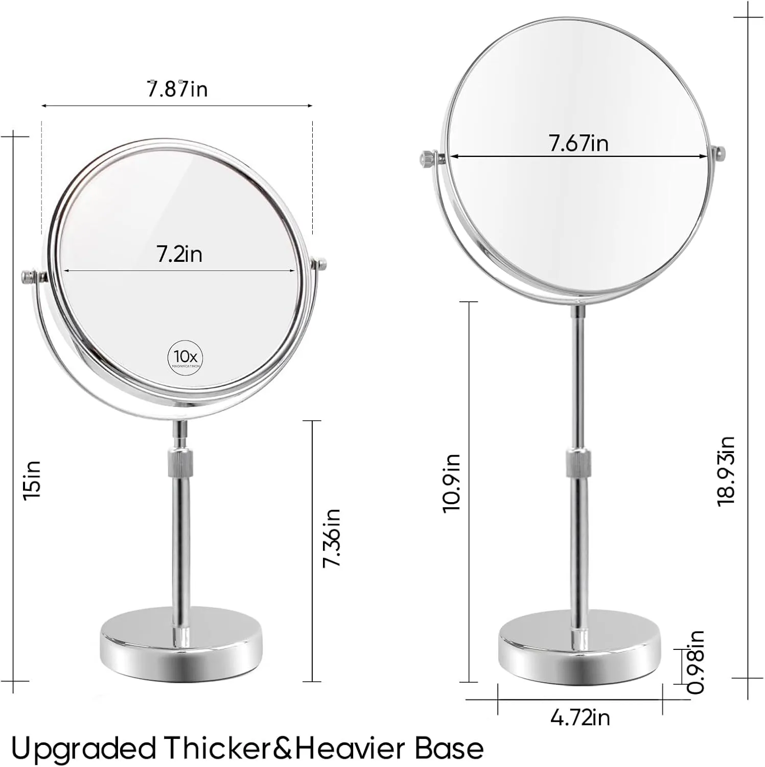 Nicesail 19 Inch Tall Makeup Mirror with 10X Magnification, Make up Mirror 8 Inch Double-Sided, Table Mirror with Pedestal for Shaving, Standing Mirror Height Adjustable Chrome Finish (8 Inch, 10X)