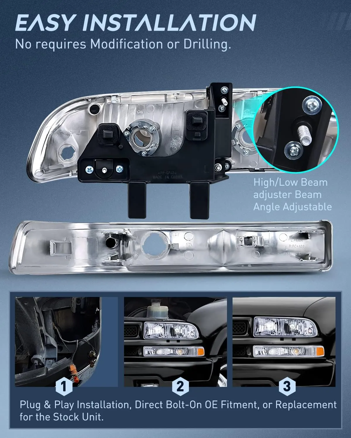 Nilight Headlight Assembly for 1998 1999 2000 2001 2002 2003 2004 2005 Chevy Blazer Headlights 1998-2004 Chevrolet S10 Pickup Replacement Headlamp Housing Bumper Lights