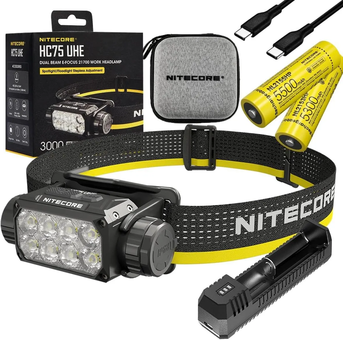 Nitecore HC75 UHE   Extra NL2153HP   UI1 Charger HC75 UHE Rechargeable E-Focus Spotlight Floodlight Headlamp 192m Beam -3000 Lumens (Upgrade of HC68) w/Extra Battery and UI1 Partable USB Charger