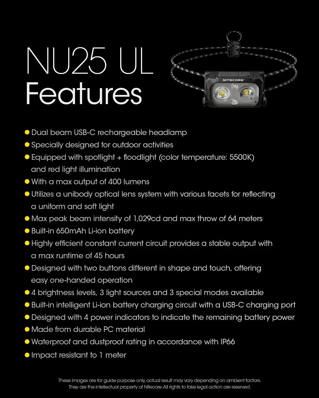 NITECORE NU25 UL 400Lumens USB-C Rechargeable Headlamp Built-in 650mAh Battery for outdoor activities Lighting