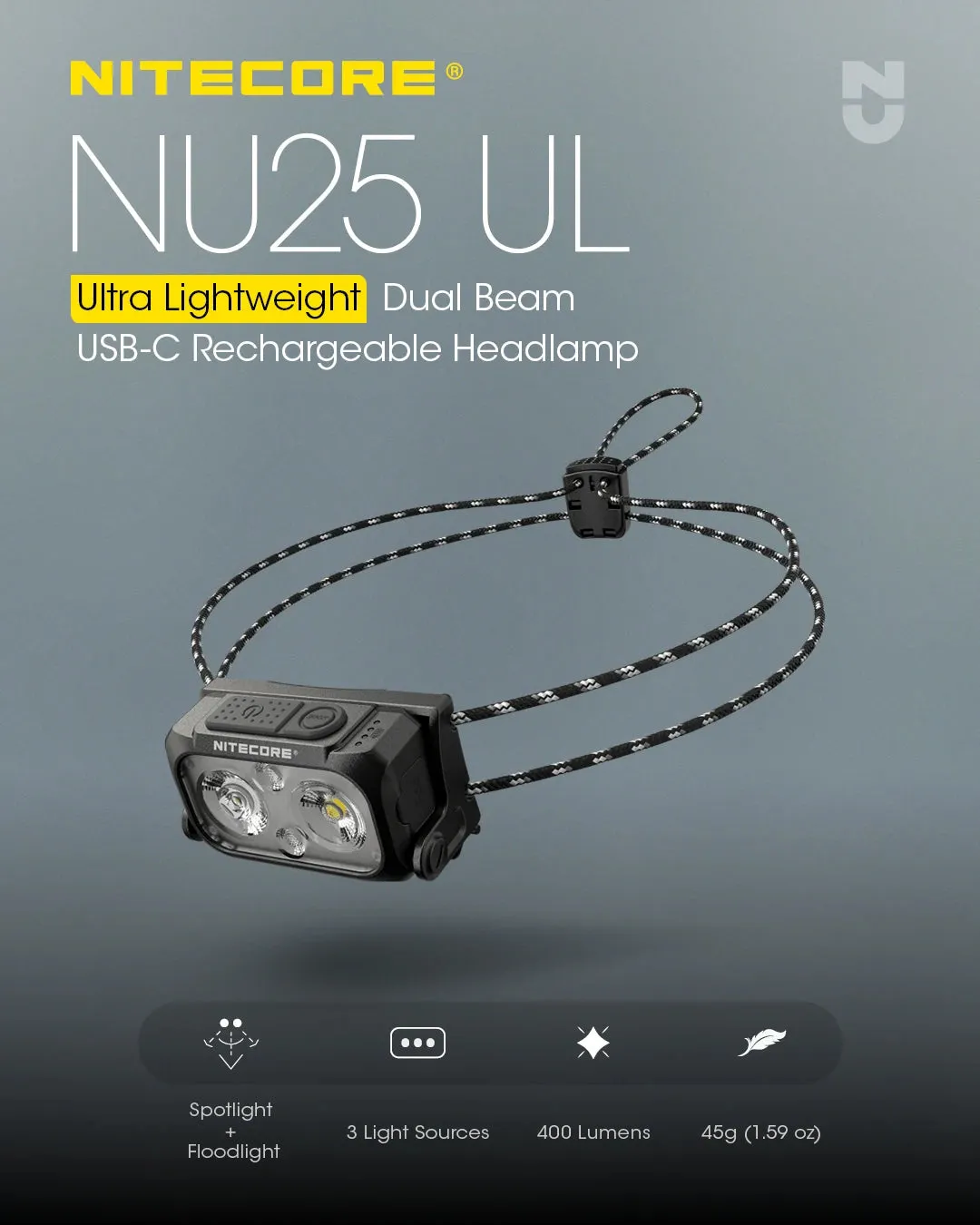 NITECORE NU25 UL 400Lumens USB-C Rechargeable Headlamp Built-in 650mAh Battery for outdoor activities Lighting