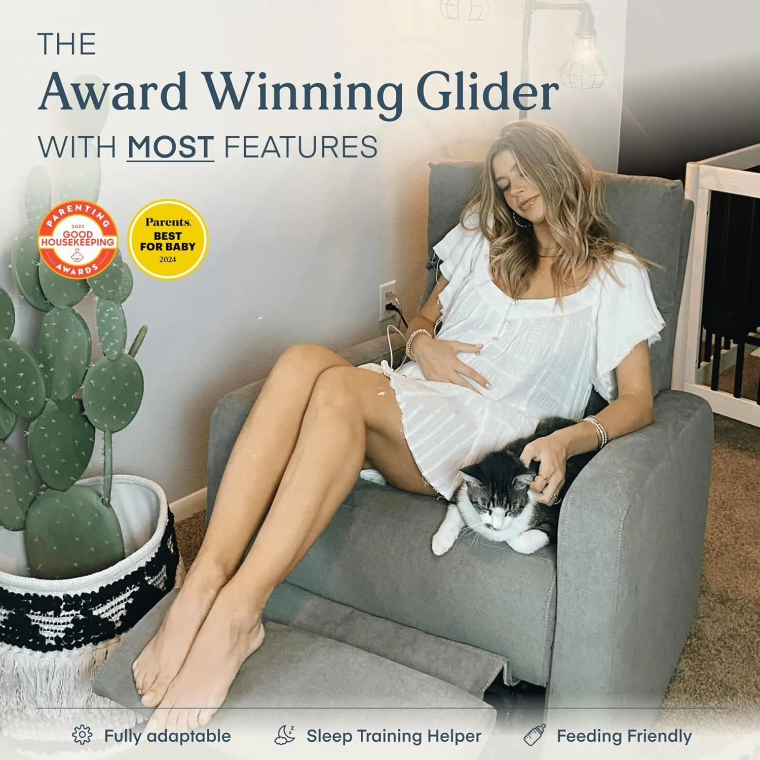 Nurture& The Glider Plus - Premium Nursery Power Recliner | Swivel Chair with Adjustable Head Support and Adjustable Lumbar Support | Built-in USB - The Ultimate Comfort for Nursing, Relaxing (Gray)