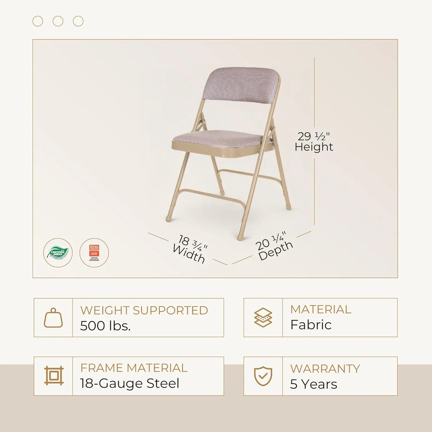 OEF Furnishings Deluxe Fabric Upholstered Double Hinge Premium Folding Chairs, Beige