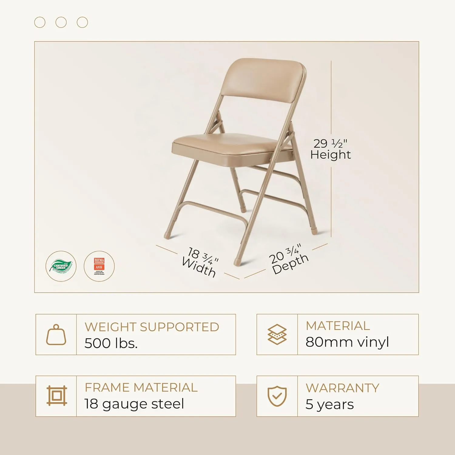 OEF Furnishings Premium Vinyl Upholstered Folding Chair, Beige - Comfortable & Durable with Steel Frame Support