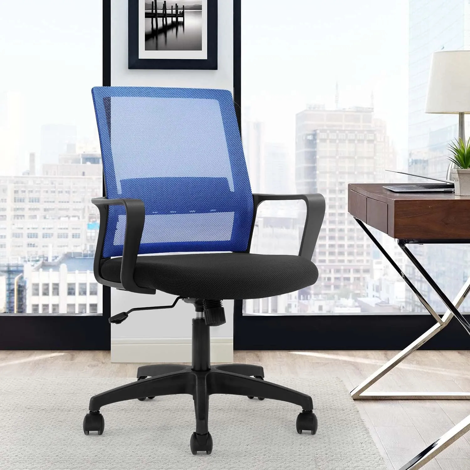 Office Chair Ergonomic Desk Task Chair Mesh Computer Chair Mid-Back Mesh Home Office Swivel Chair Modern Executive Chair with Wheels Armrests Lumbar Support (Blue)