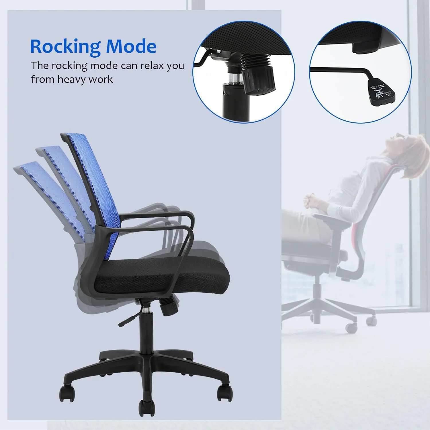 Office Chair Ergonomic Desk Task Chair Mesh Computer Chair Mid-Back Mesh Home Office Swivel Chair Modern Executive Chair with Wheels Armrests Lumbar Support (Blue)