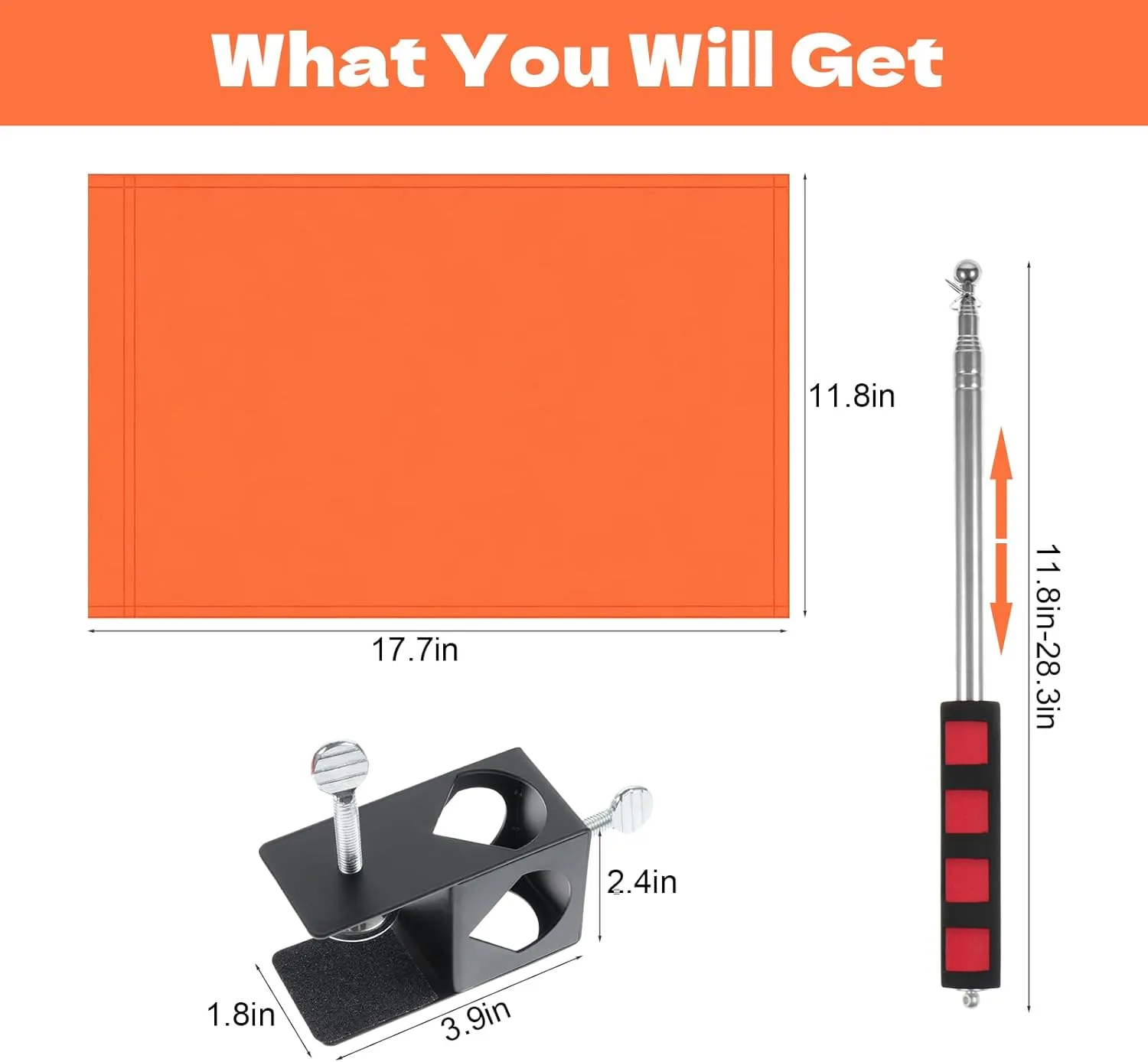 Orange Boat Flag, 12" x 18" Water Ski Boat Safety Flag with 79" Metal Retractable Boat Safety Flagpole and Fix Base for Kayak Floating Tubing Wakeboarding Swimming Surfing Watersports