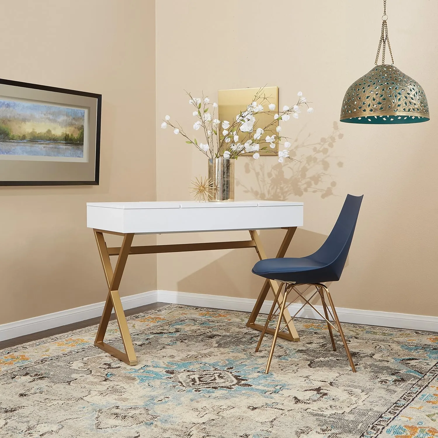 OSP Home Furnishings Oakley Mid-Century Modern Bucket Dining Chair with Faux Leather Padded Seat, Navy Blue