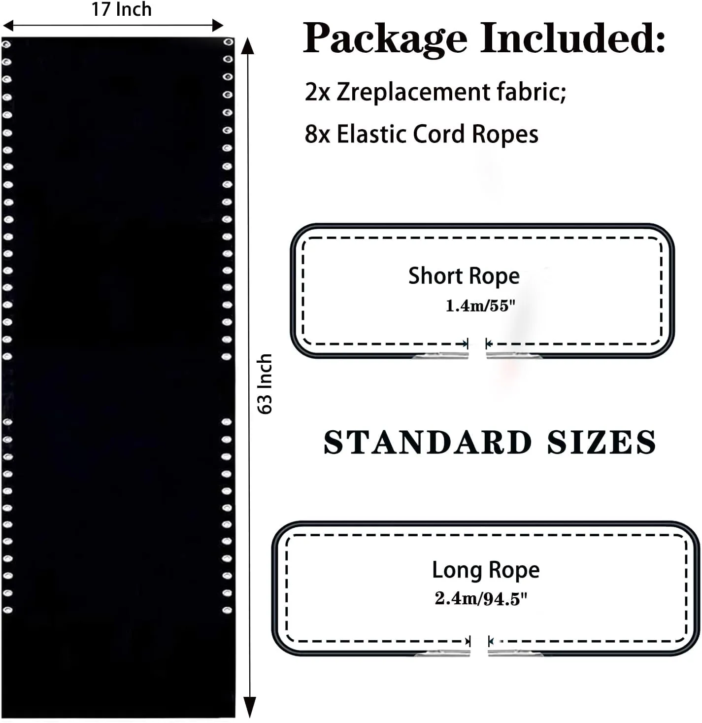 Ostlttyn Zero Gravity Chair Replacement Fabric Kits Set of 2, 17" Repair Cloth with Replacement Bungee Cord for Anti Gravity Sling Outdoor Folding Lounge Lawn Chairs, Black