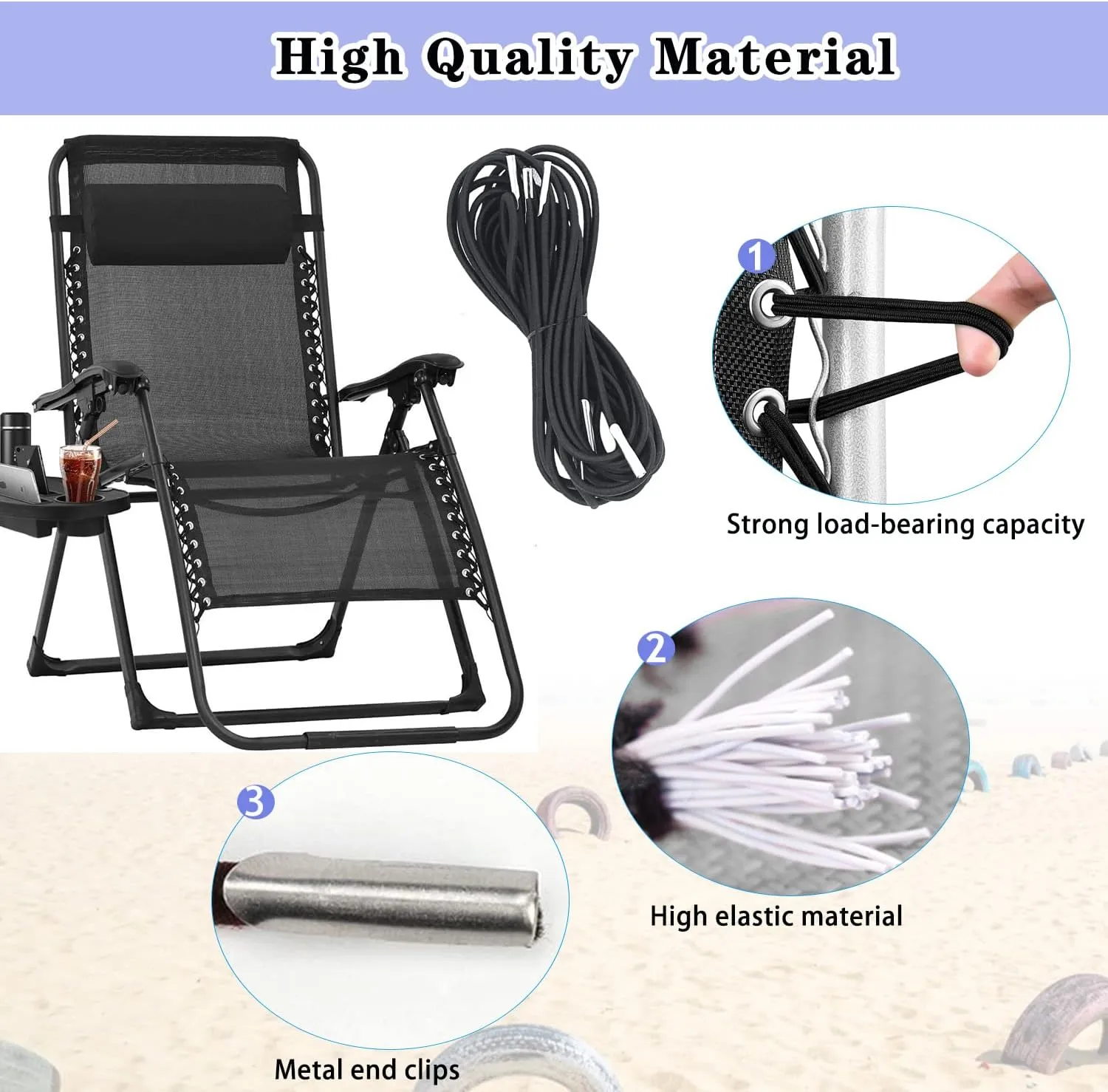 Ostlttyn Zero Gravity Chair Replacement Fabric Kits Set of 2, 17" Repair Cloth with Replacement Bungee Cord for Anti Gravity Sling Outdoor Folding Lounge Lawn Chairs, Black