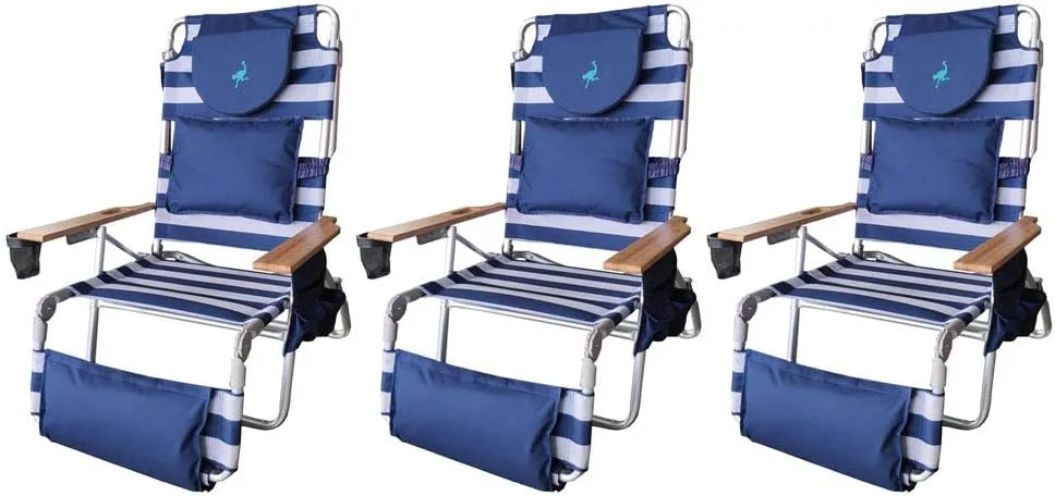 Ostrich Deluxe Padded 3-N-1 Outdoor Lounge Reclining Beach Chair, Blue (3 Pack)