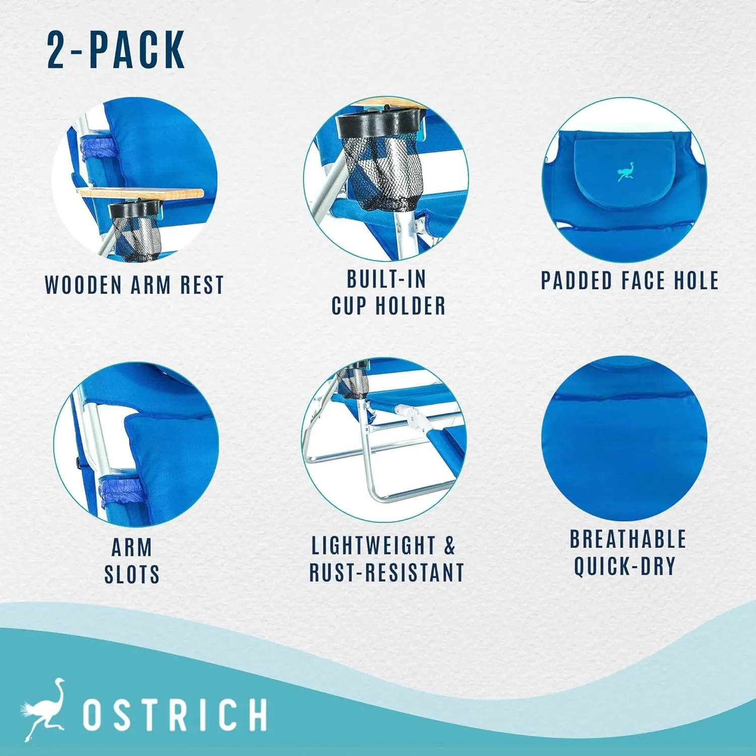 Ostrich Deluxe Reclining Lounge Chair, 3 in 1 Folding Outdoor Beach Lounger, Blue