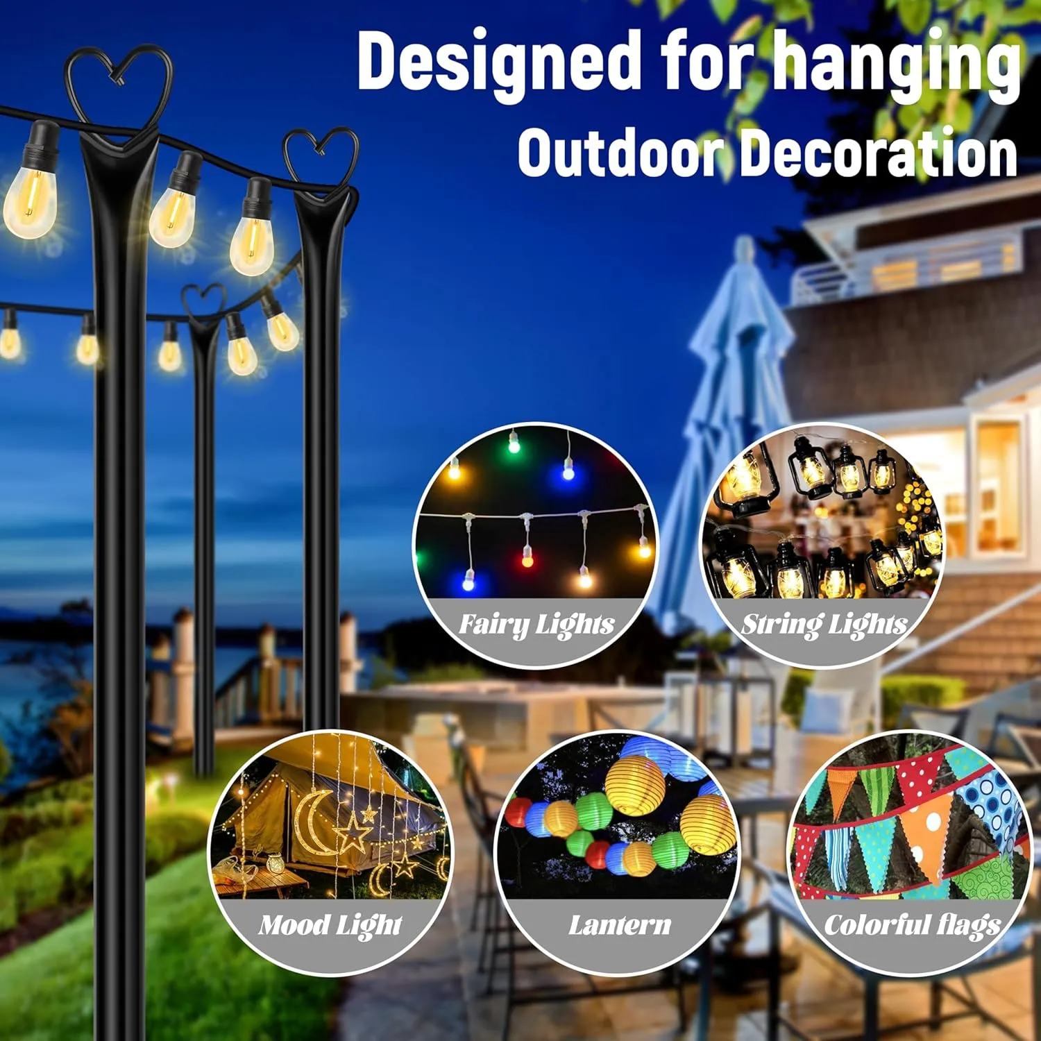 Ottsuls 4 Pack String Light Poles, 10FT Outdoor String Light Poles with Fork and Fixing Clamp, Metal Lighting Poles for Outside,Patio, Backyard,Deck, Garden Wedding,Party Decor
