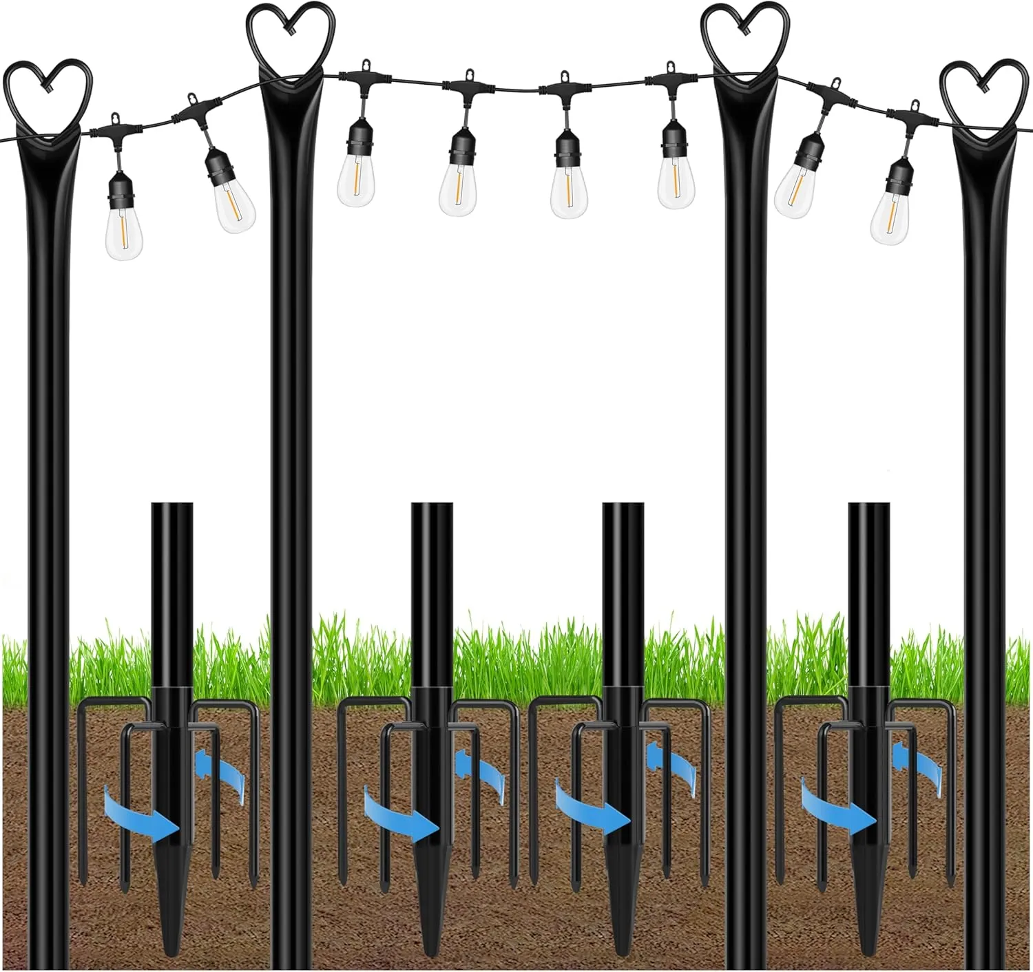 Ottsuls 4 Pack String Light Poles, 10FT Outdoor String Light Poles with Fork and Fixing Clamp, Metal Lighting Poles for Outside,Patio, Backyard,Deck, Garden Wedding,Party Decor