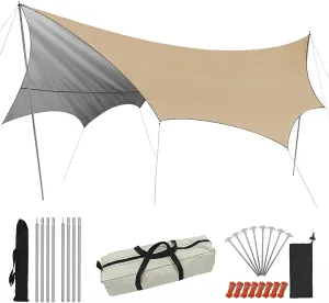 Outdoor Camping Sunshade, 5.1x5.1m Ultra-Light Large Area Hammock Tarp, rain and Sun Protection, for Spring Outing, Picnic with 2 Aluminium Poles   8 Wind Ropes   8 Tent Stakes and Carry Bag