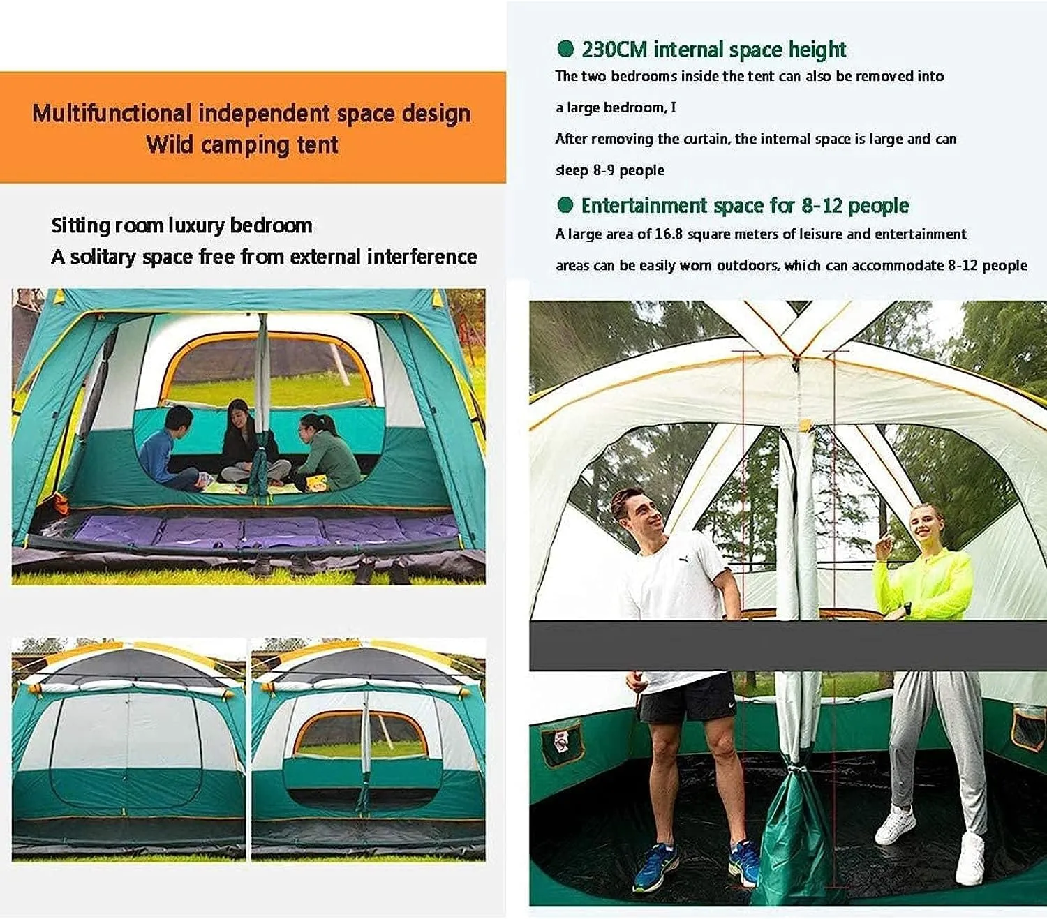 Outdoor Camping Tent Can Accommodate 8 to 12 People, Ample Space,Two-Story Tent,with an Extended Parasol, Rainproof with Sun Protection Features, Resistible Cold Family Camping