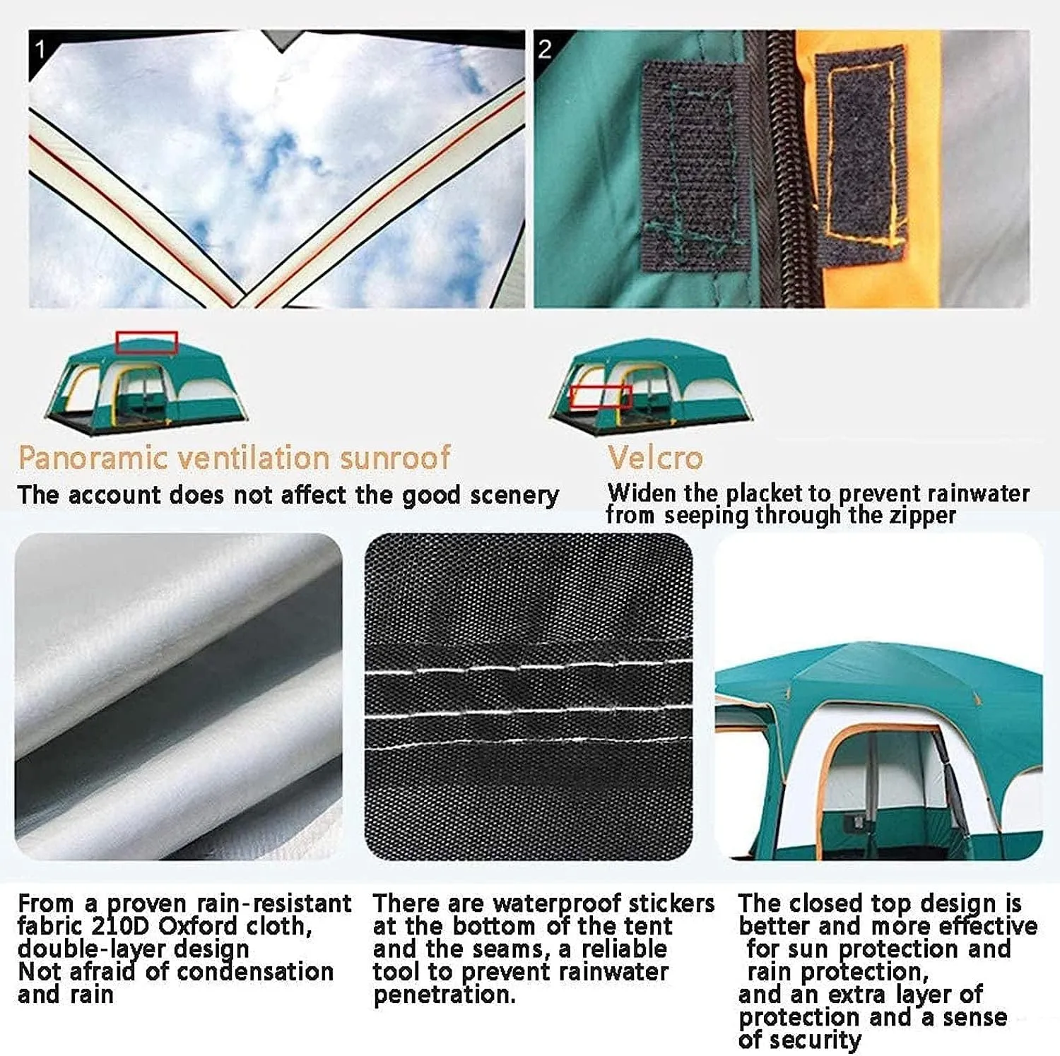 Outdoor Camping Tent Can Accommodate 8 to 12 People, Ample Space,Two-Story Tent,with an Extended Parasol, Rainproof with Sun Protection Features, Resistible Cold Family Camping