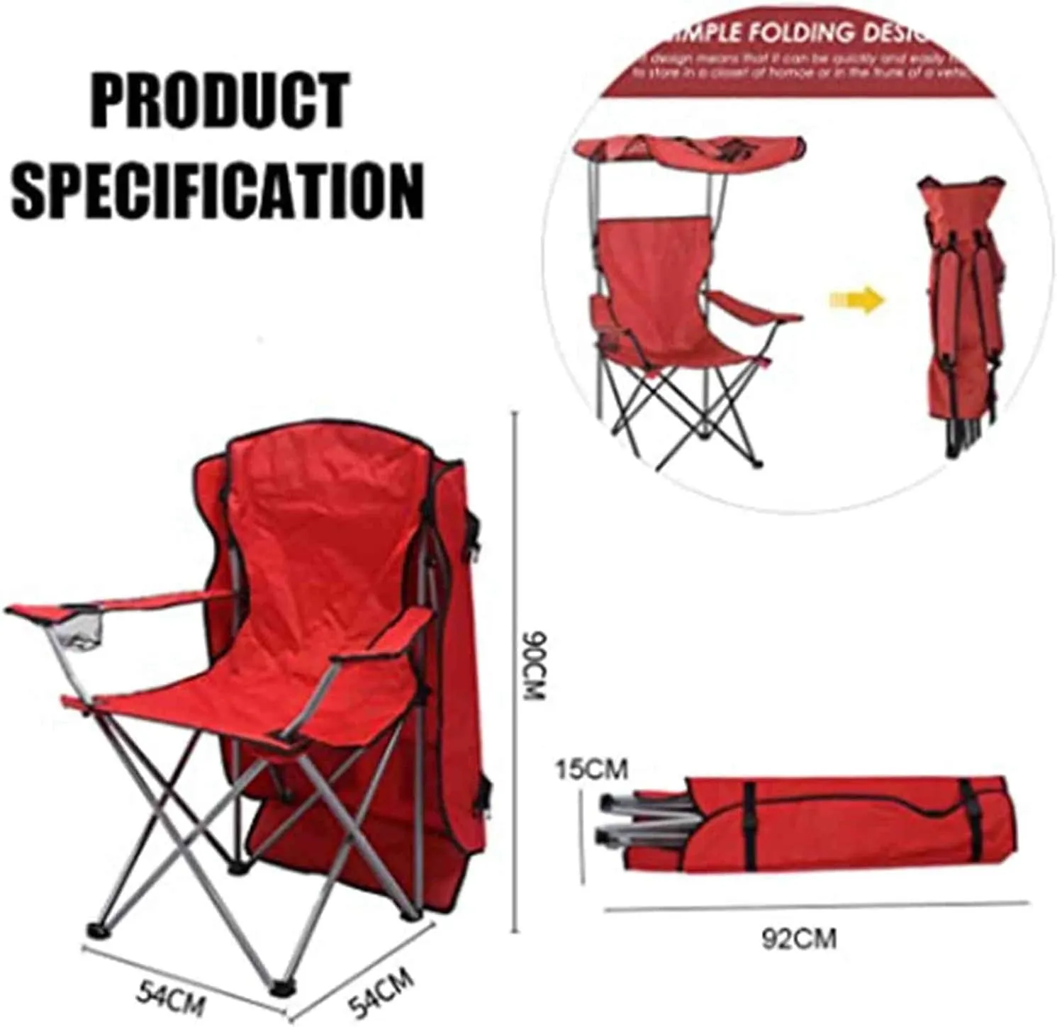 Outdoor Folding Chair High Back Camping Chair with Shade Canopy with Cup Holder, Portable for Outdoor Camp, Fishing Sunshade Beach Chair