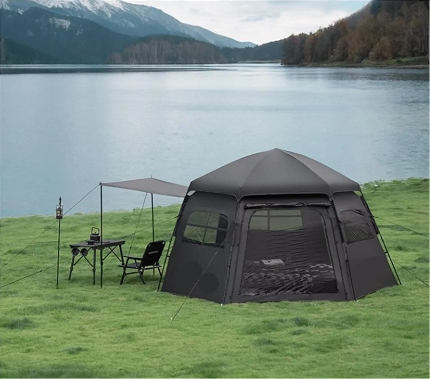 Outdoor Hexagonal Quick-Open Camping Tent Portable Folding Black Glue Rainproof
